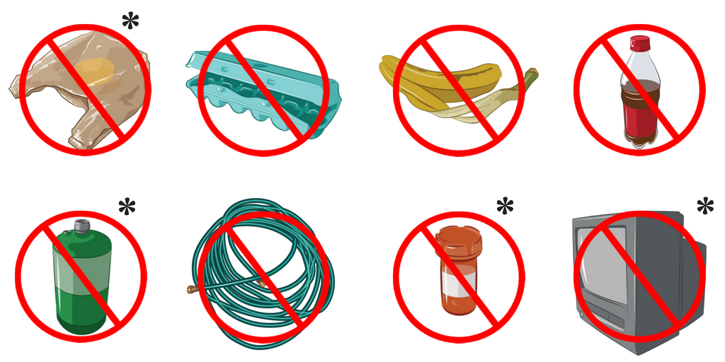 Illustrations of items not accepted for recycling