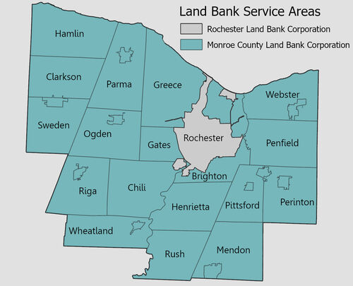 Map of Monroe County highlighting all towns and villages except the City of Rochester